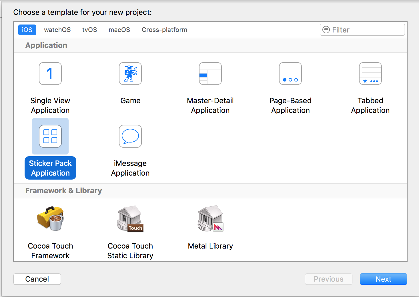 Figure 1: Sticker Pack Application Template in Xcode 8