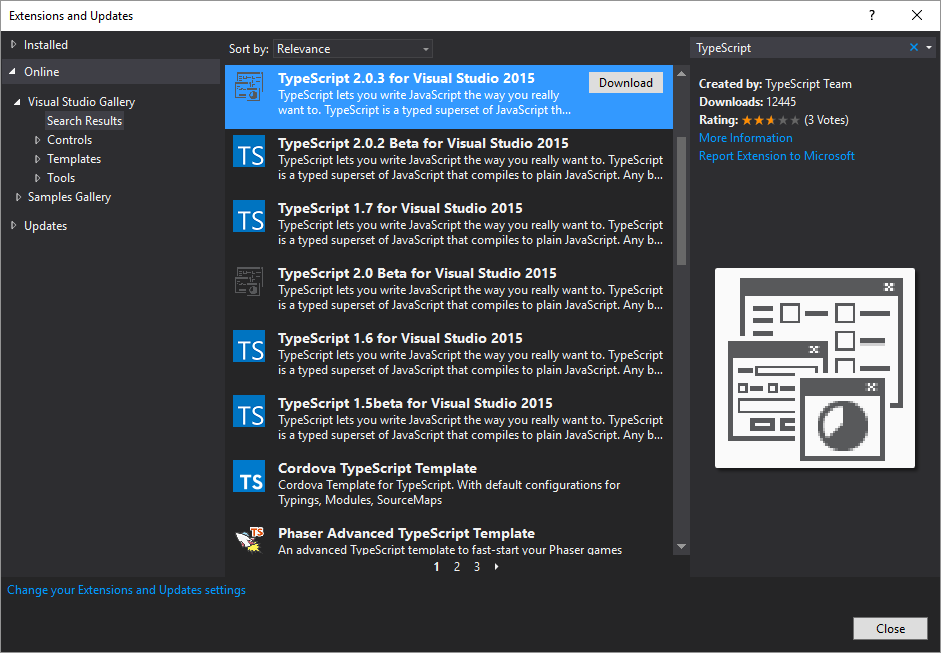 Figure 1: Use the Extensions and Updates window to check for TypeScript.