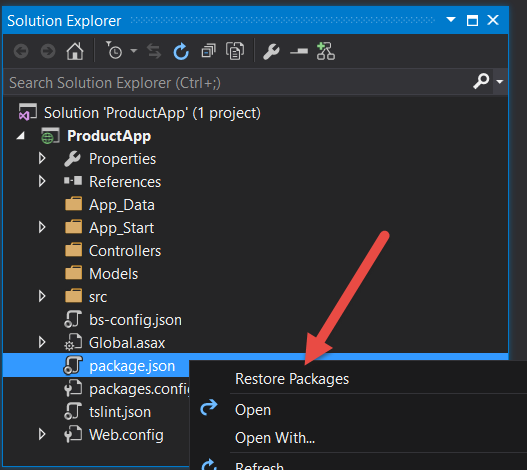 Figure 5: The Restore Packages menu only shows up after closing and reopening Visual Studio.