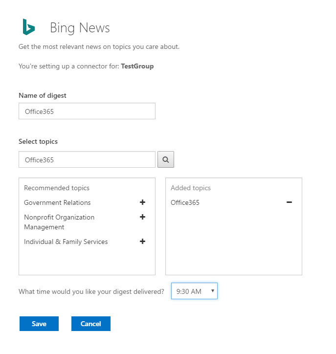 Figure 2: Configuring the Bing News connector 