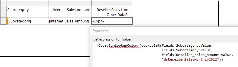 Figure 8: Placing the call to the SumLookupColumn function inside the textbox expression