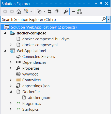 Figure 17: When enabling Docker support, all required Docker files are created by Visual Studio but can be tweaked manually.