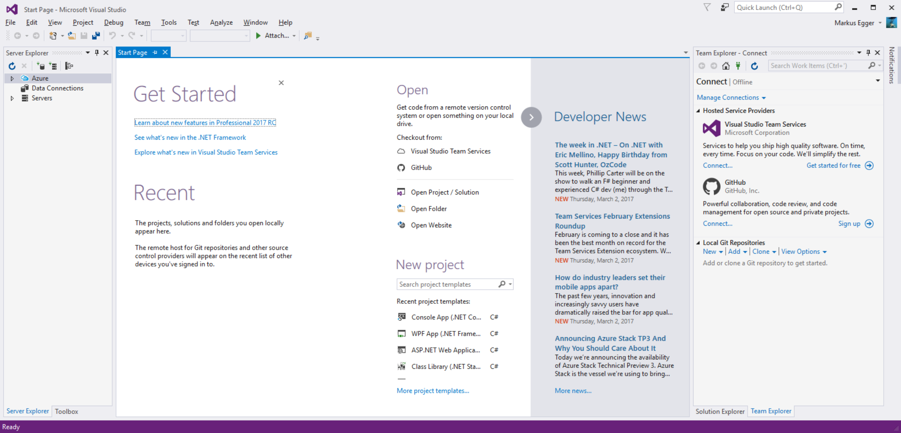 Figure 3: Visual Studio 2017's new Start Screen
