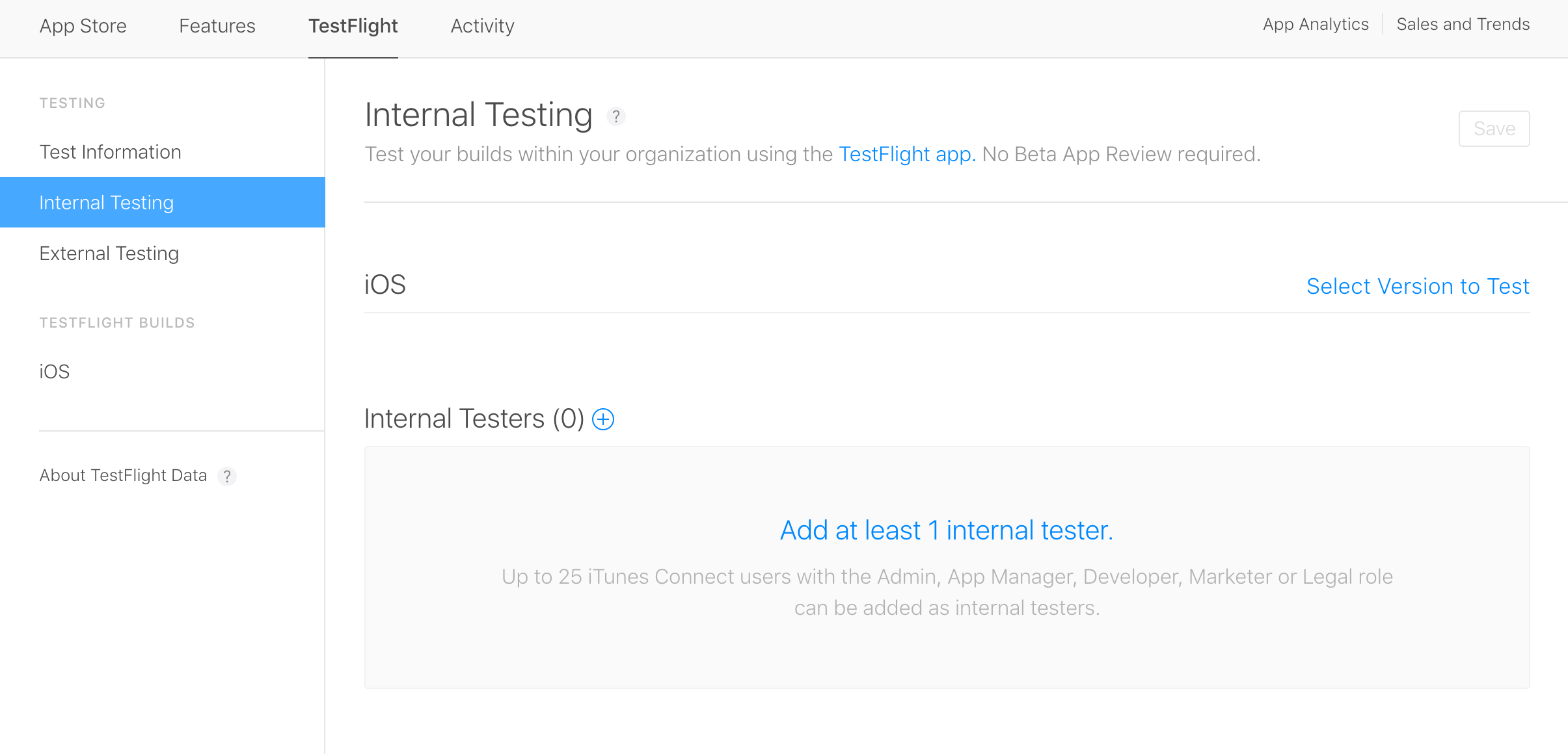 Figure 3: Interface to set up an Internal Beta Test within iTunes Connect