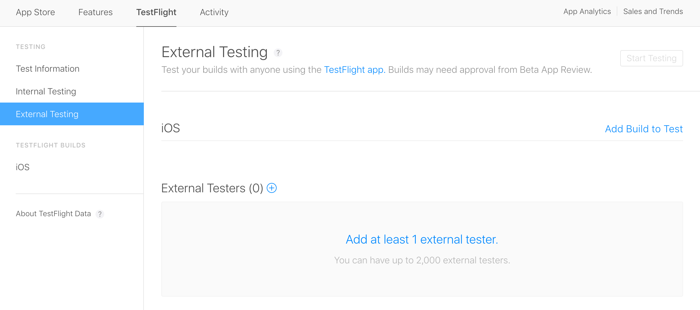 Figure 4: Interface to set up an External Beta Test within iTunes Connect