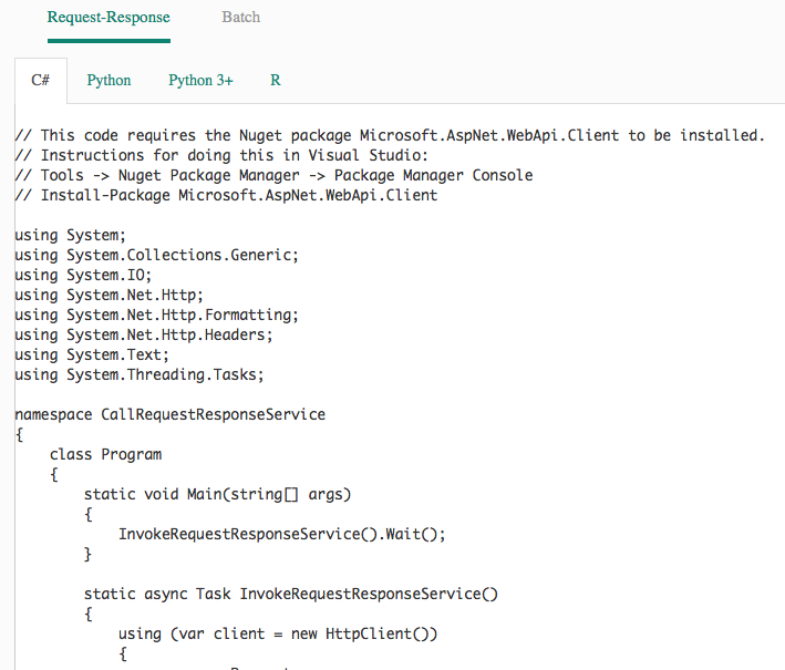 Figure 23: The sample code for accessing the Web service is written in the three programming languages.    