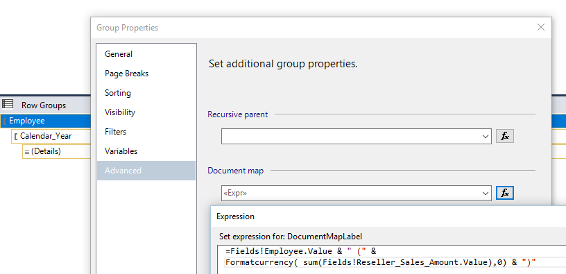 Figure 15: Document Map properties to set expression for custom Display