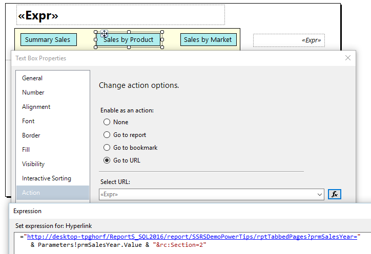 Figure 2: Action to relaunch the same report, passing in user selections and the Section number