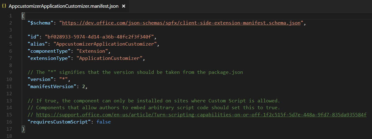 Figure 1: The Application Customizer manifest.json file.