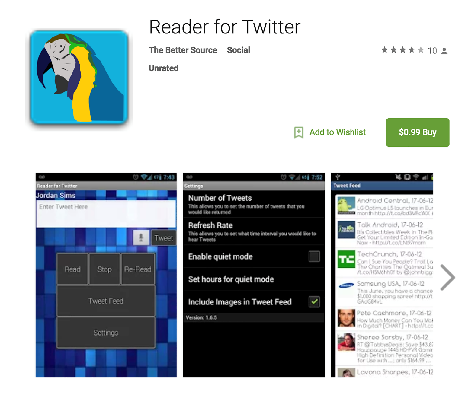 Figure 2: Reader for Twitter, a potential SocialFeedReader competitor, is an outdated Android app that uses text-to-voice to read various feeds.