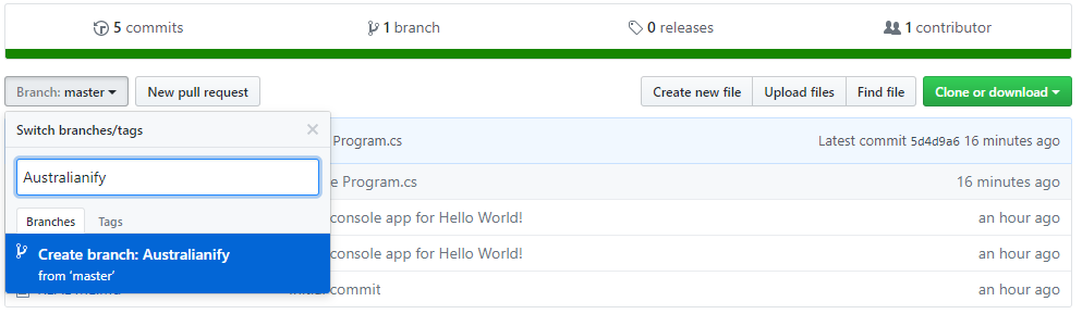 Figure 3: Creating a branch in a GitHub repository