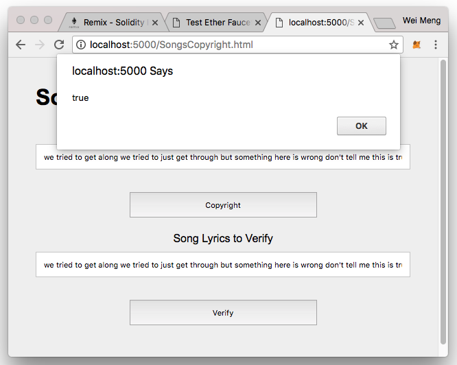 Figure 30: Verifying a song's hash on the smart contract