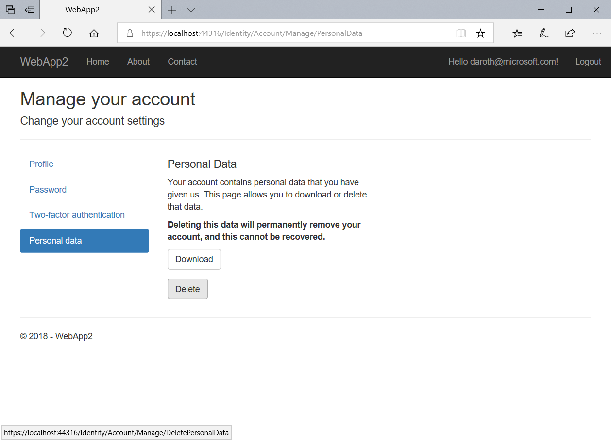 Figure 7: The default identity UI enables users to export and delete their user data.