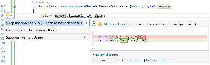 Figure 12: The code analyzer suggesting a fix for optimal use of Memory<T> APIs in Visual Studio.