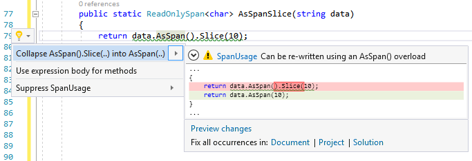 Figure 13: The code analyzer suggests a fix to use Span<T> APIs optimally in Visual Studio.