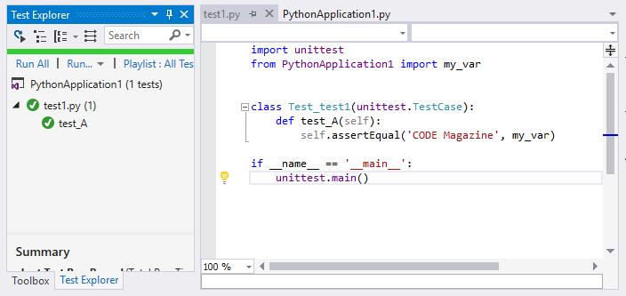 Figure 11: Visual Studio can discover, execute, and debug Python unit tests as it does with any other .NET language.