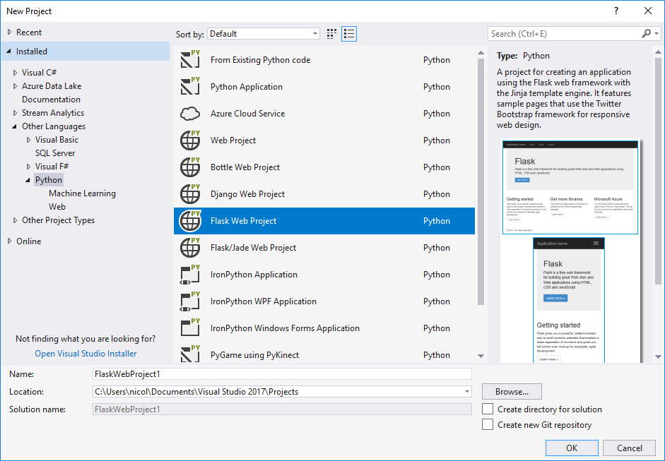 Figure 4: Python support in Visual Studio offers a number of project templates; Flask is my favorite.