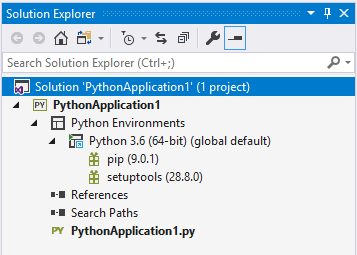 Figure 5: Solution Explorer looks familiar yet different. Python Environments node is new. The project file (.pyproj) is a Visual Studio artifact. 
