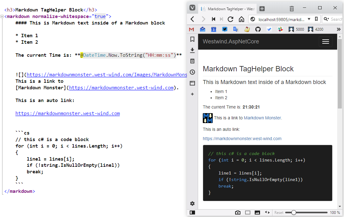 Figure 1      : Output from the Markdown TagHelper rendered into the stock ASP.NET Core templates