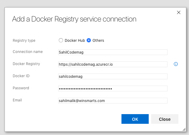 Figure 10: Add a Docker registry service connection.    