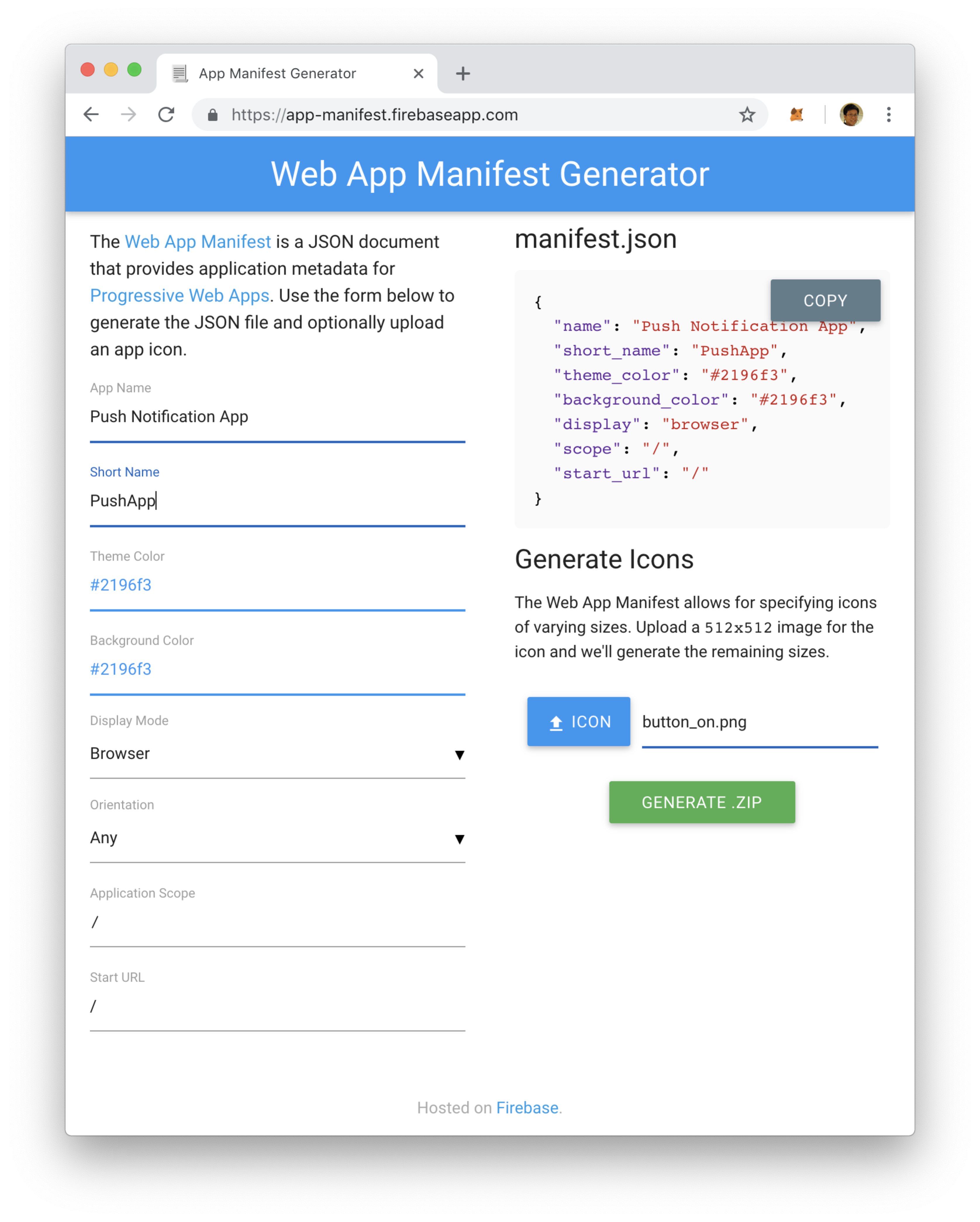 Figure 2: Generating the Web App Manifest