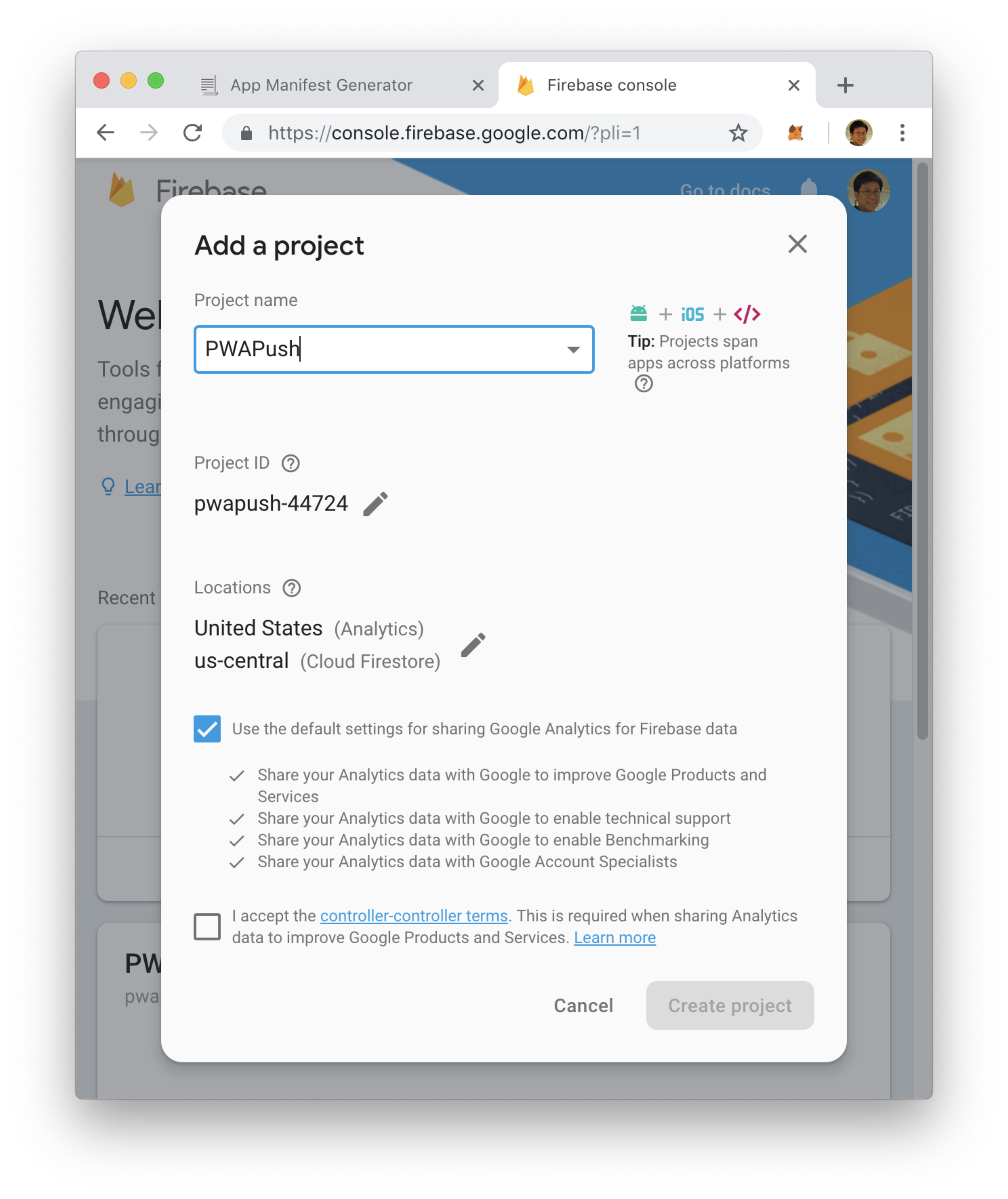 Figure 4: Creating a new project in Firebase