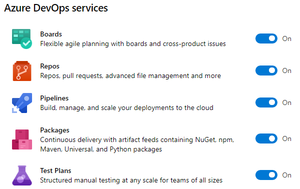 Figure 11      : You can enable or disable any of the products in the Azure DevOps family.    