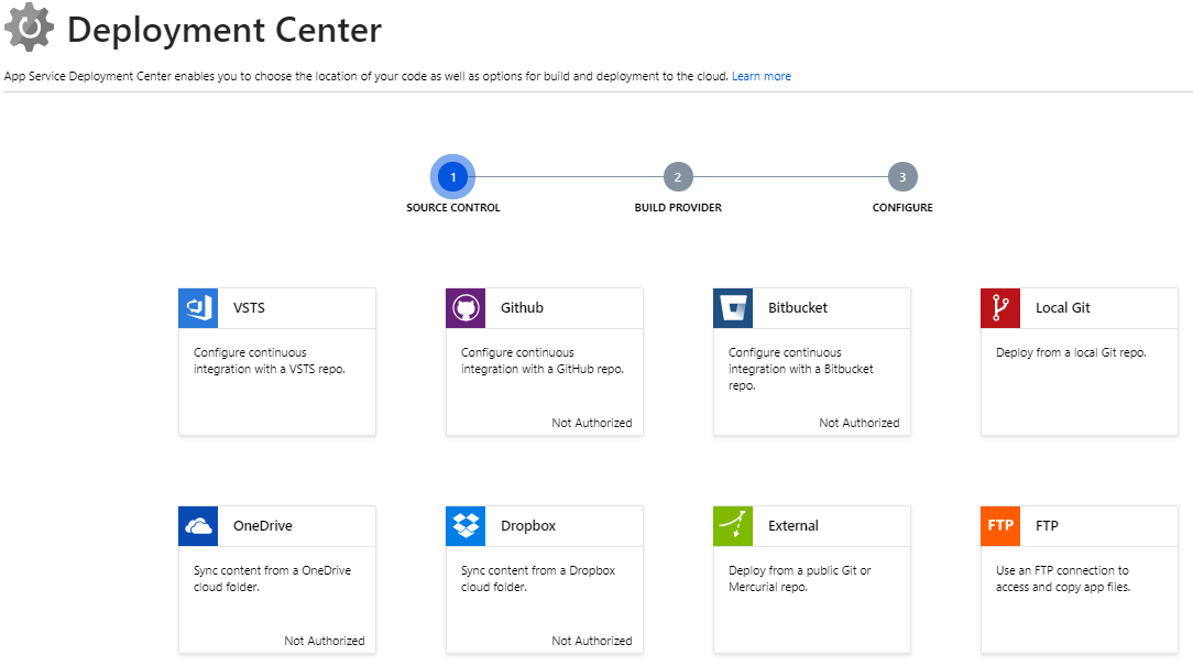 Figure 4      : The Azure Deployment Center offers quite a few quick ways to move code into Azure.    