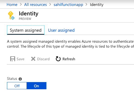 Figure 1: Enable managed identity for your function app    