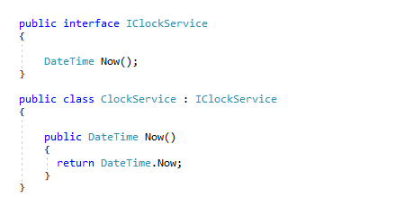 Figure       8      :       The ClockService conforms to one interface with one method named Now that can be mocked for unit testing. 