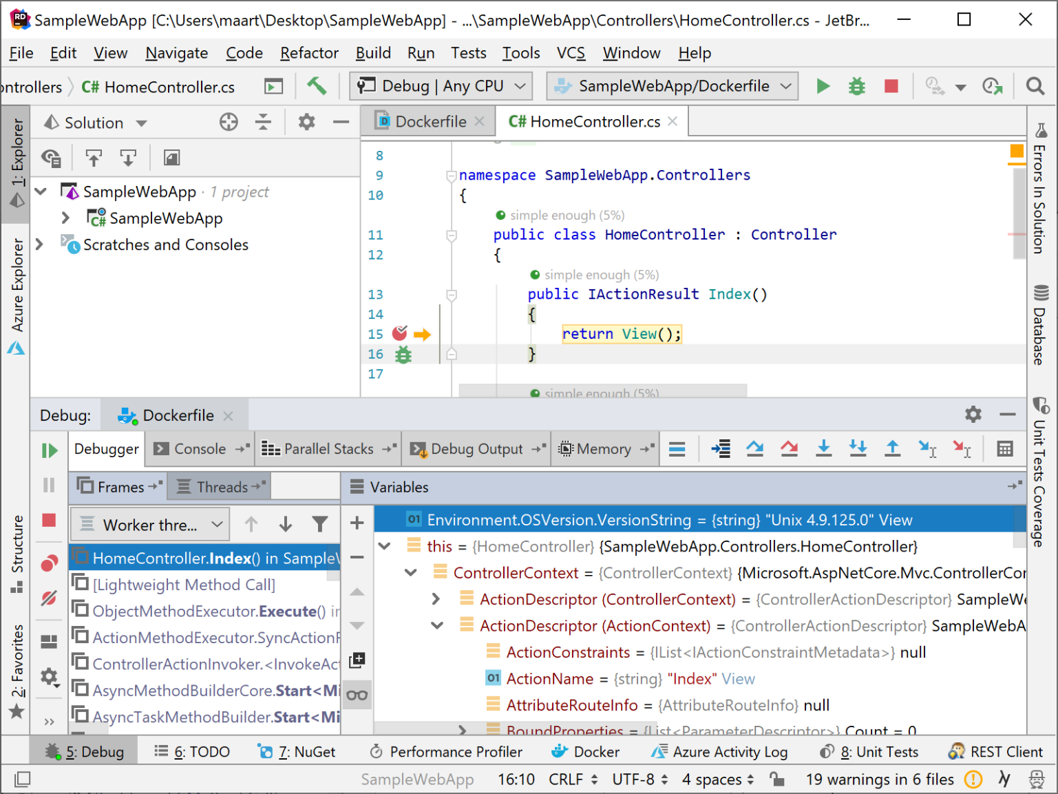 Figure       7      : Debugging an ASP.NET Core application running in Docker using Rider