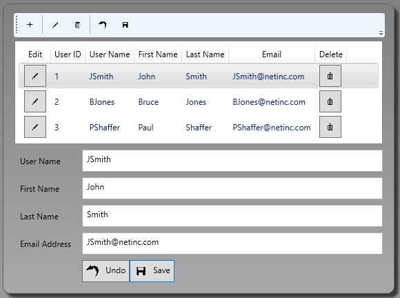 Figure 2: The sample application with a user list and detail user controls.