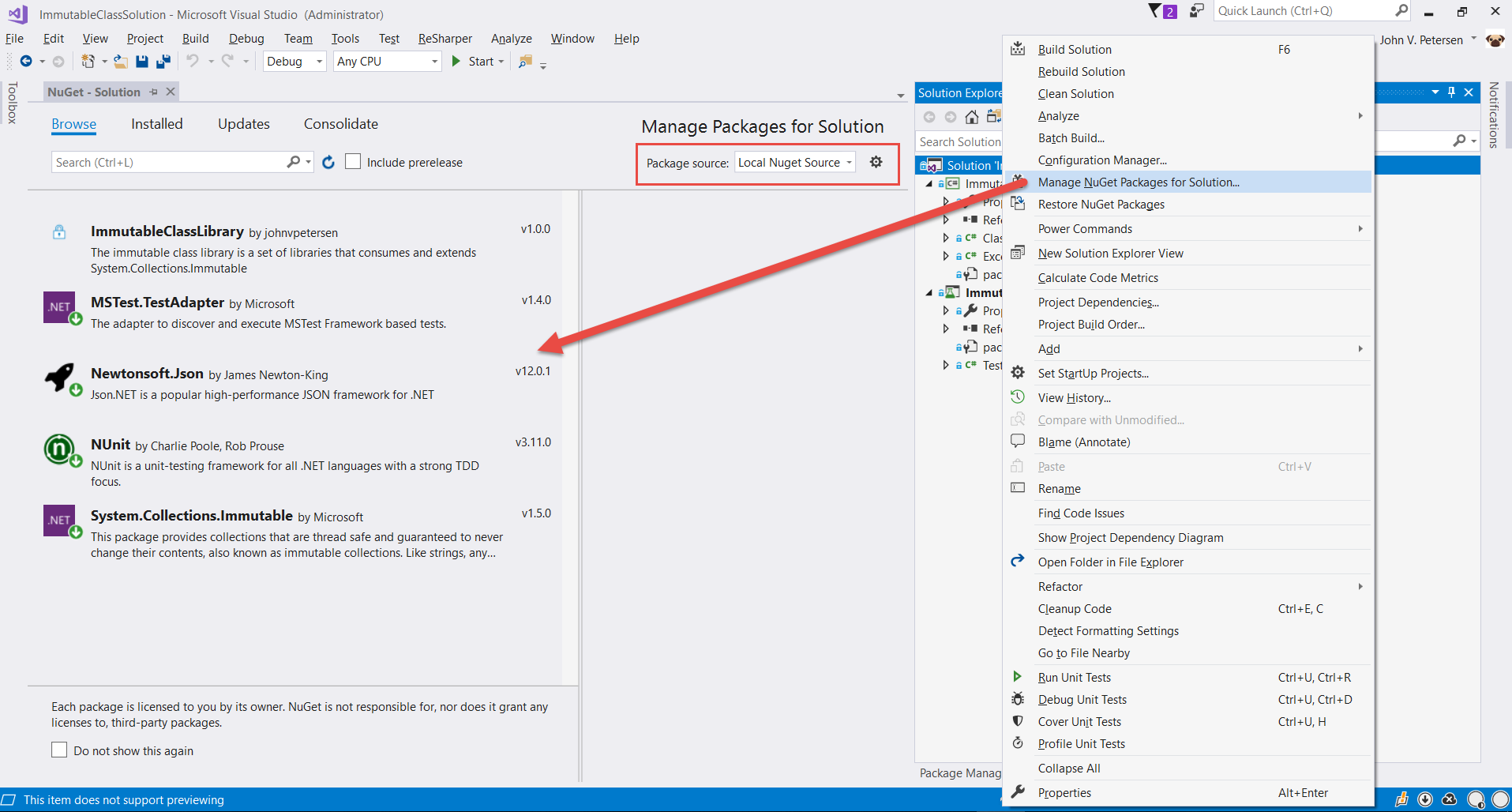 Figure 1: One way of accessing the NuGet Package Manager is via the project or solution context menu.