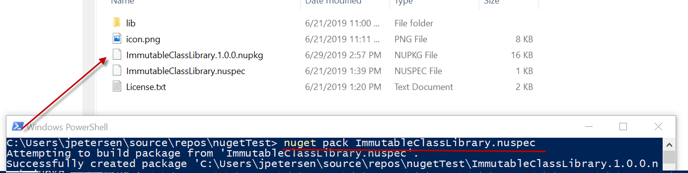 Figure 10: The NuGet.exe pack command, using a nuspec file generates the NuGEt Package.