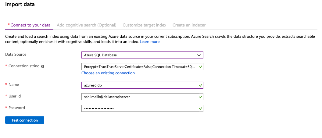 Figure 2: The import data screen for Azure SQL database