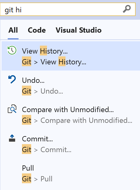 Figure 1: Run Git commands from Visual Studio search.