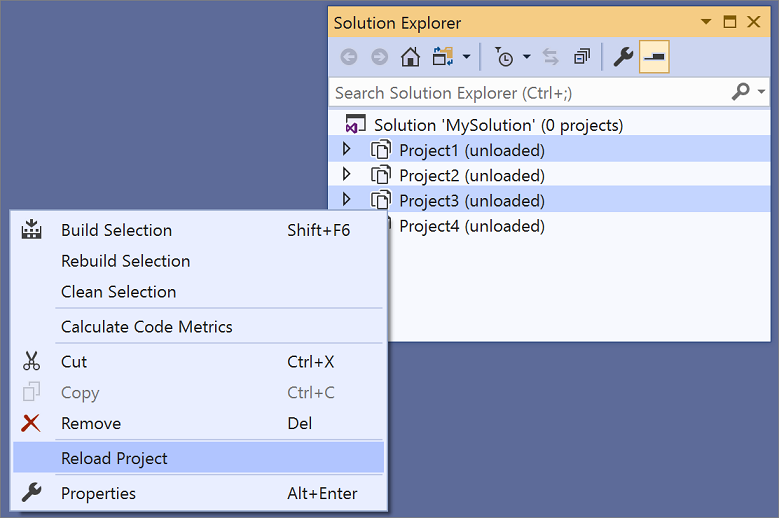 Figure 3: Reload unloaded projects from Solution Explorer.