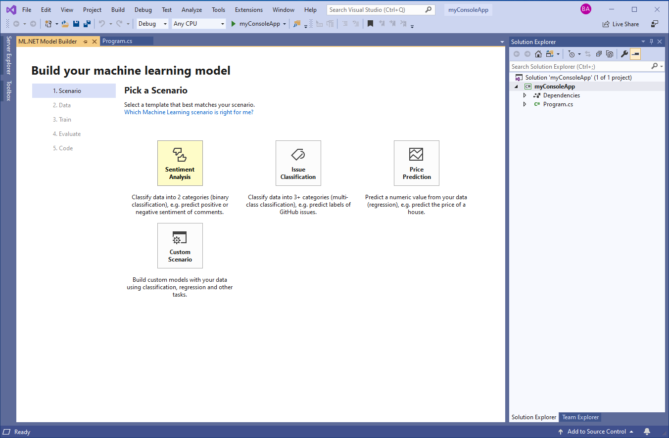 Figure 10: Choose a machine learning scenario in Model Builder.