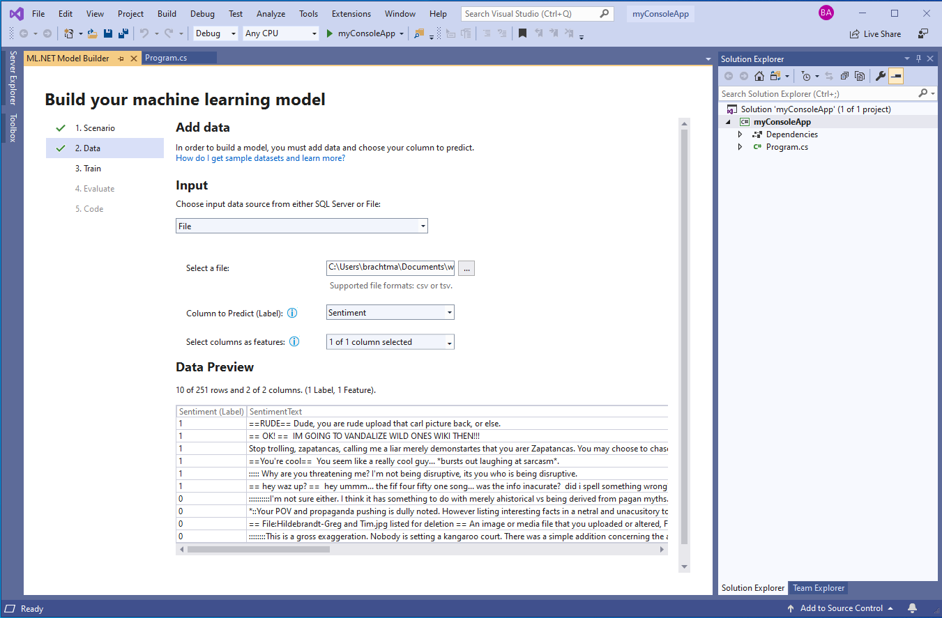 Figure 11: Select your dataset, Label, and Features in Model Builder.