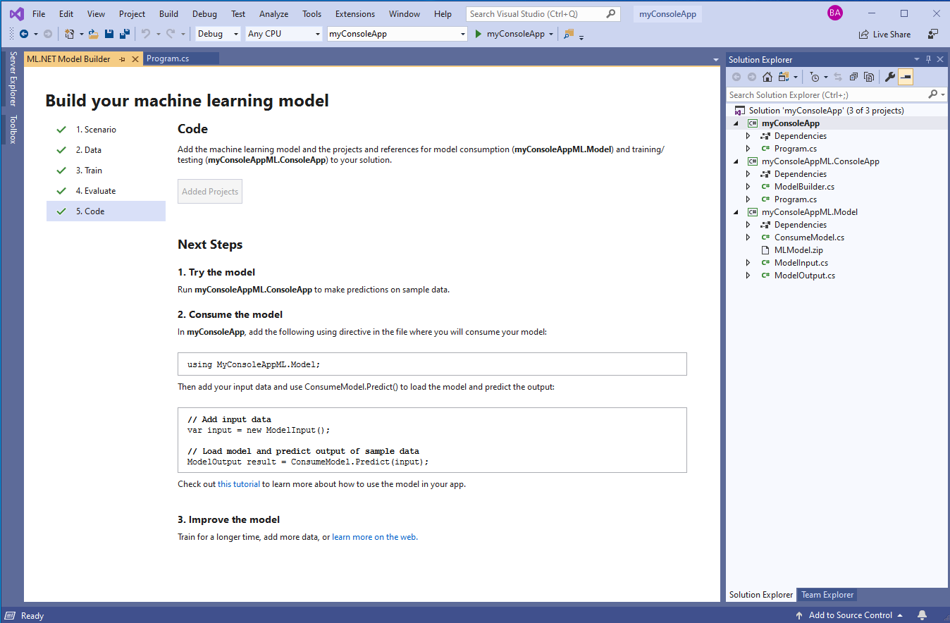 Figure 14: ML.NET Model Builder next steps and generated output