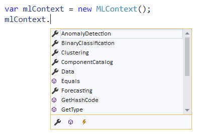 Figure 4: MLContext catalog options as shown in IntelliSense