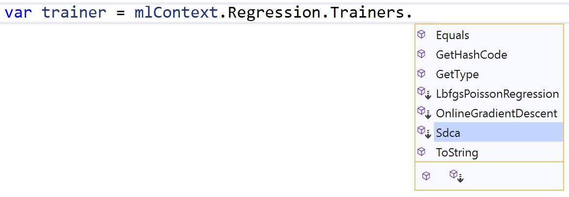 Figure 6: Algorithm options for the regression task as shown in IntelliSense