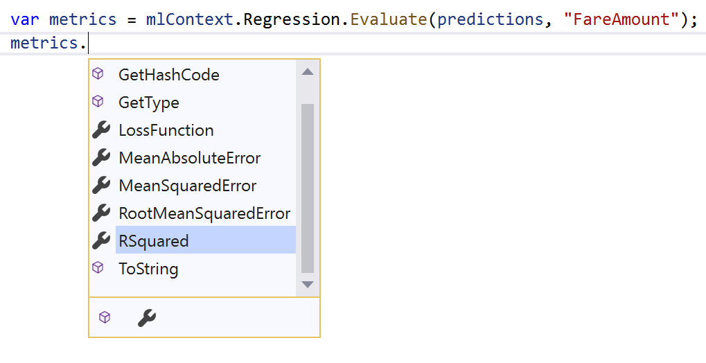 Figure 7: Regression evaluation metric options as shown in IntelliSense