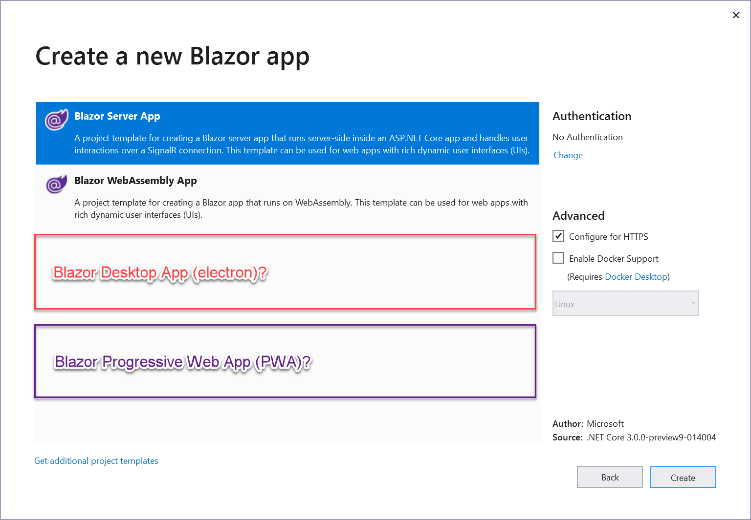 Figure 13: In the future, you’ll likely see more templates in the Blazor app dialog.