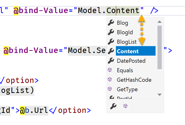 Figure 7: IntelliSense automatically suggests properties of the Model object to use for the component’s value.