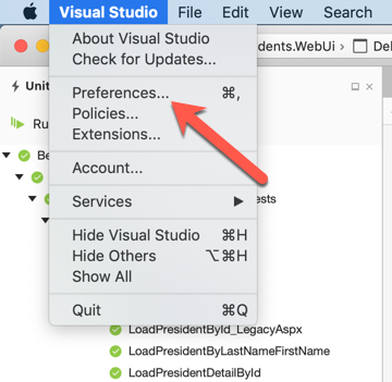 Figure 2: Access the Preferences Menu via the Visual Studio Menu 