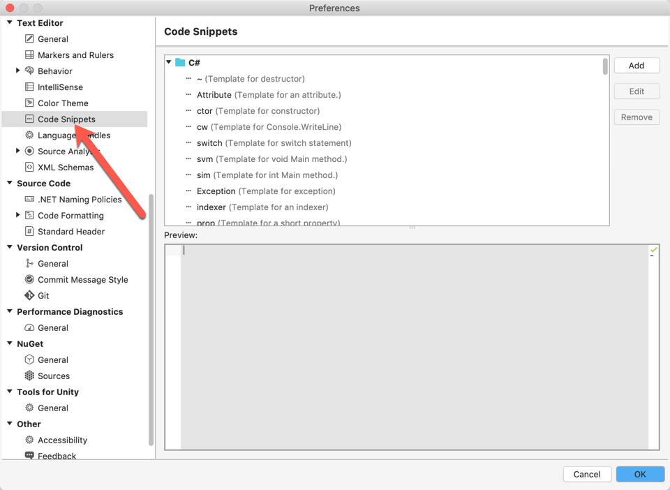 Figure 3: The Code Snippet Manager is in the Preferences dialog under the Text Editor options 