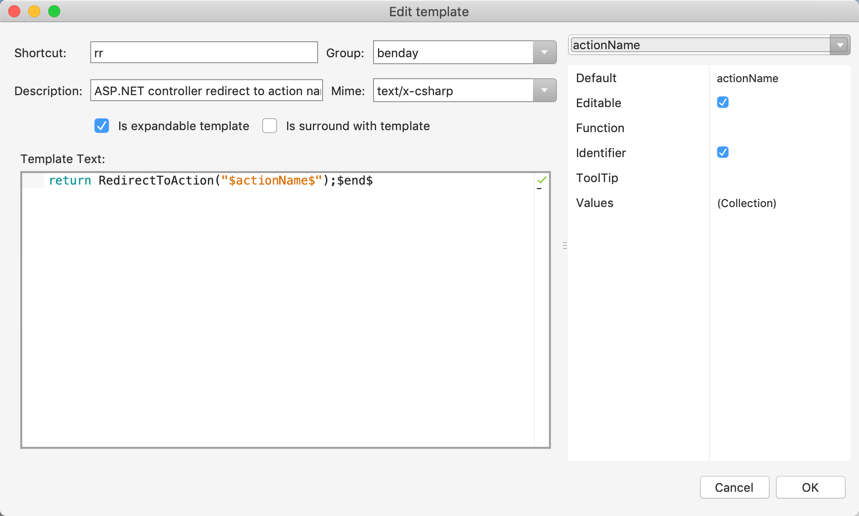 Figure 4: The RedirectToAction Snippet in the Snippet Editor 