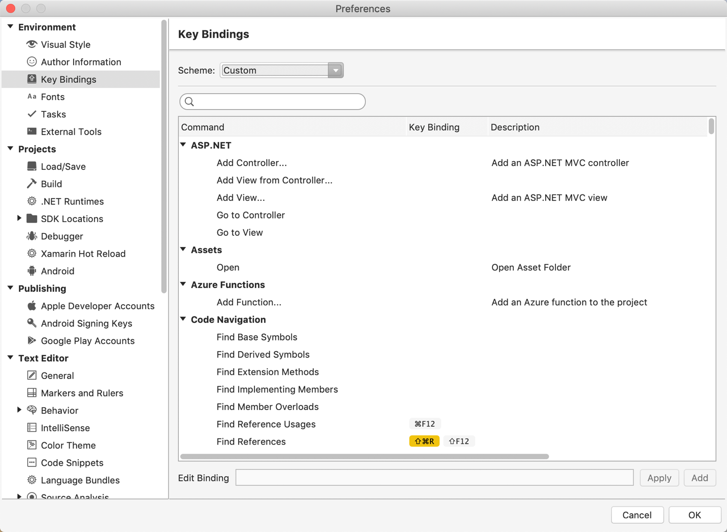 Figure 6: To change Visual Studio for Mac keyboard shortcuts, go to the Key Bindings editor. 