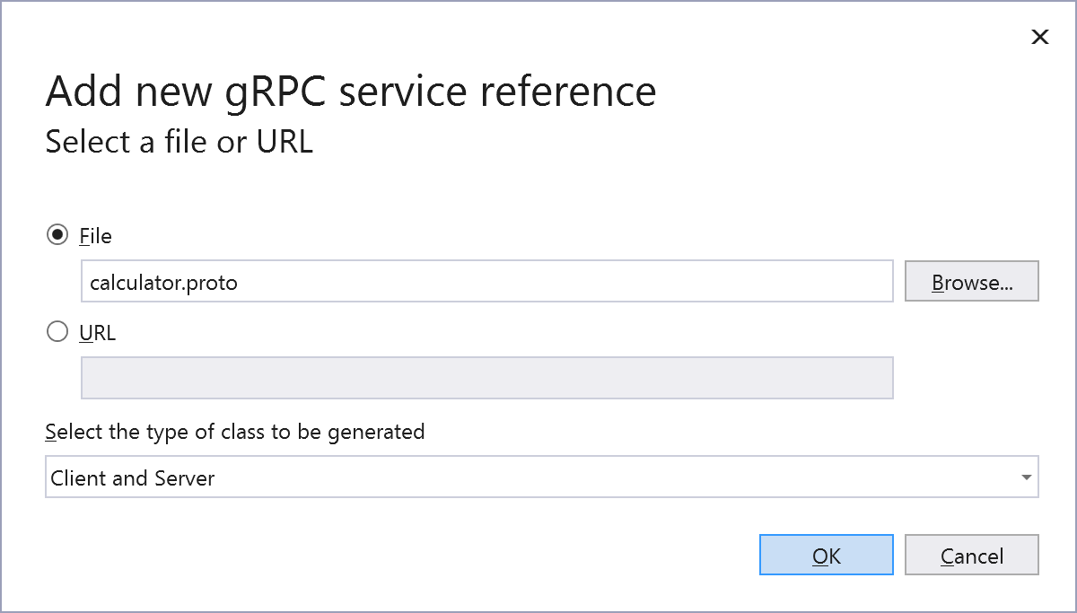 Figure 1: The gRPC service reference dialog in Visual Studio
